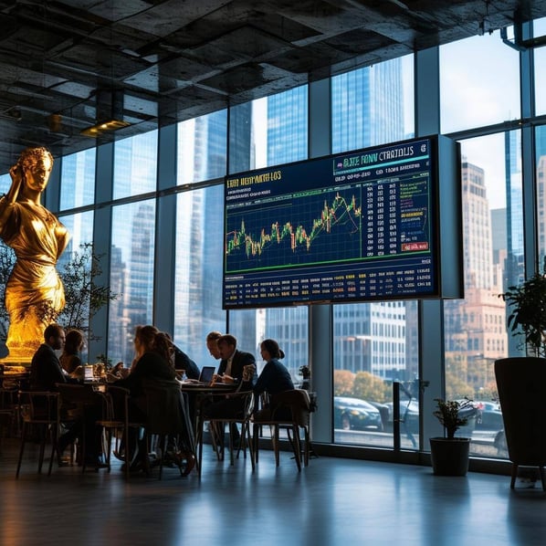 A MODERN OFFICE SPACE WITH digital billboard flashes with financial news, showcasing stock market updates and headlines about tariffs and trade polici-1