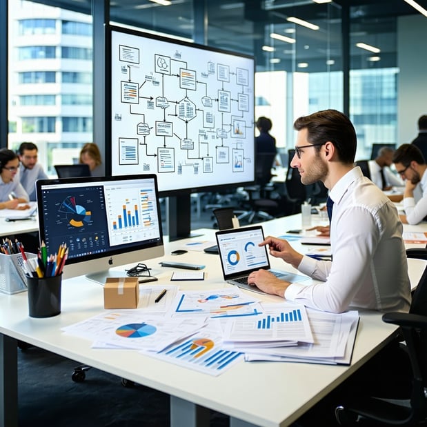 The image depicts a bustling office environment filled with professionals engaged in various activities related to order processing and financial management In the foreground a focused manager analyzes a complex flowchart detailing the ordertocash O2-2