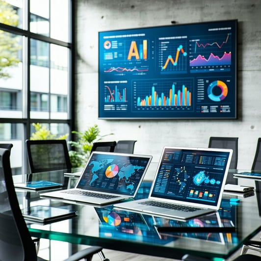 The image depicts a modern office environment bustling with activity In the foreground a sleek glass conference table Laptops and digital tablets are open displaying graphs and charts that illustrate financial data A large screen on the wall features-3