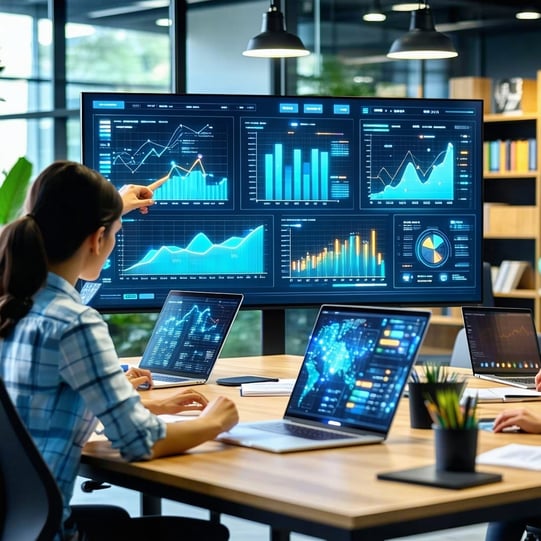 The image depicts a modern office space filled with natural light A large digital screen displays dynamic graphs and charts illustrating financial data and trends related to cash flow and credit management Laptops are open showcasing applications pow