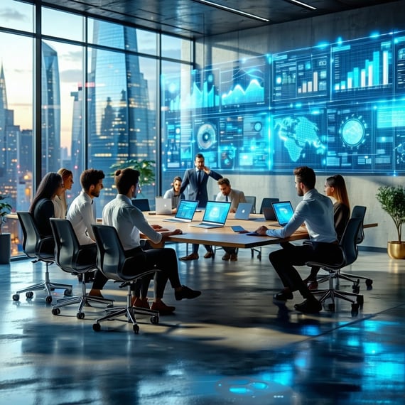 The image features a bustling modern office environment with professionals engaged in discussions around a large sleek conference table The room is flooded with natural light from floortoceiling windows showcasing a panoramic view of a vibrant city s-2