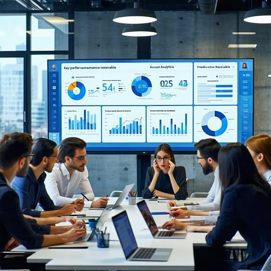 The image showcases a modern office setting where a diverse team of finance professionals is engaged in a collaborative meeting In the foreground a large digital screen displays graphs and data analytics related to accounts receivable The screen high-3