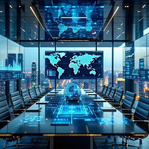 The image shows a modern conference room, surrounded by digital screens projecting graphs and data about artificial intelligence